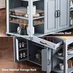 PexFix 47 Îlot de cuisine avec table à manger extensible en placage de bois d'hévéa, avec étagère de rangement, prise de courant et 2 tiroirs, 2 placards, Bleu