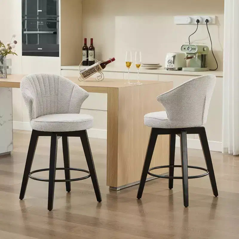 MAYEERTY White 360 Swivel Bar Stools (Set of 2) - Chenille Wingback & Solid Wood for Kitchen Island