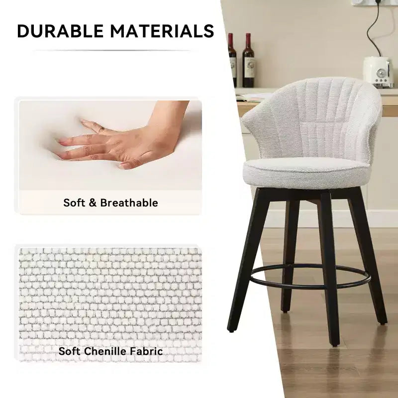 MAYEERTY White 360 Swivel Bar Stools (Set of 2) - Chenille Wingback & Solid Wood for Kitchen Island