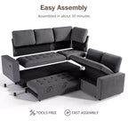 Canapé modulable en forme de L à 5 places Dyonery avec lit gigogne, ports USB, dossier réglable et rangement, assemblage sans outils