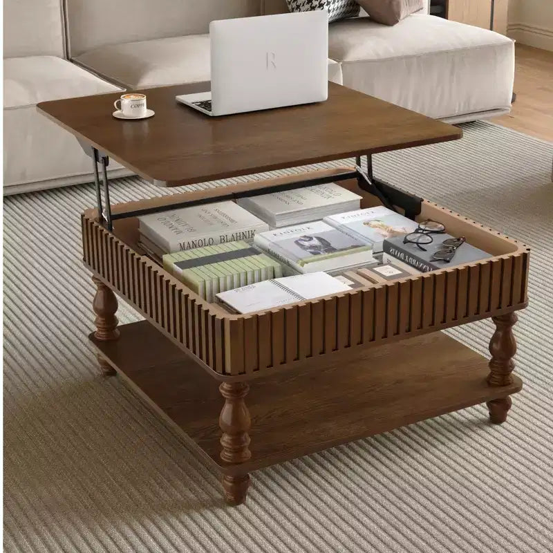 Okak Vintage Square 2-Tier Solid Wood Coffee Table with Dual Storage,Fluted Lift-Top Center Table for Living Room,Bedroom