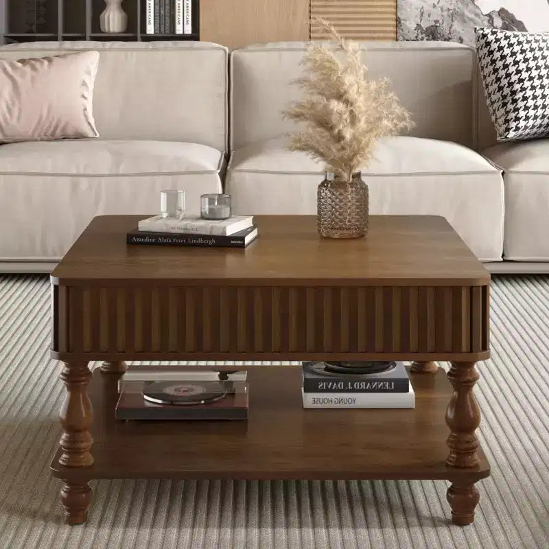 Okak Vintage Square 2-Tier Solid Wood Coffee Table with Dual Storage,Fluted Lift-Top Center Table for Living Room,Bedroom