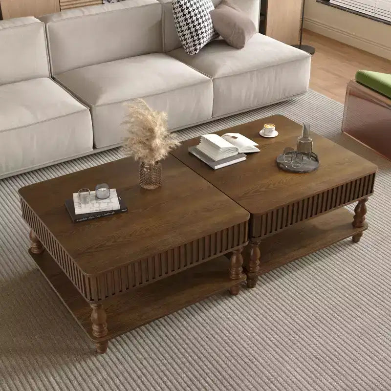 Okak Vintage Square 2-Tier Solid Wood Coffee Table with Dual Storage,Fluted Lift-Top Center Table for Living Room,Bedroom