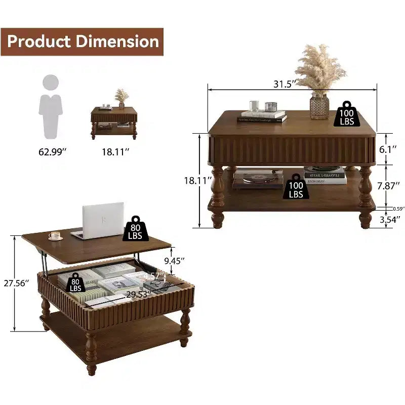 Okak Vintage Square 2-Tier Solid Wood Coffee Table with Dual Storage,Fluted Lift-Top Center Table for Living Room,Bedroom