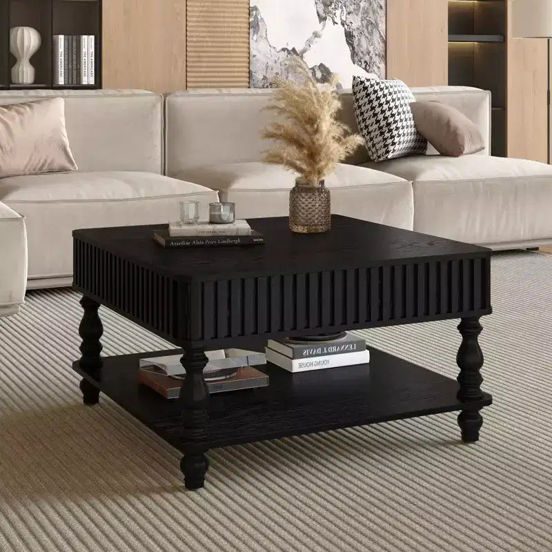 Okak Vintage Square 2-Tier Solid Wood Coffee Table with Dual Storage,Fluted Lift-Top Center Table for Living Room,Bedroom