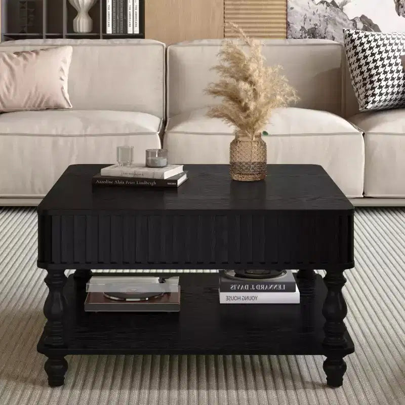 Okak Vintage Square 2-Tier Solid Wood Coffee Table with Dual Storage,Fluted Lift-Top Center Table for Living Room,Bedroom