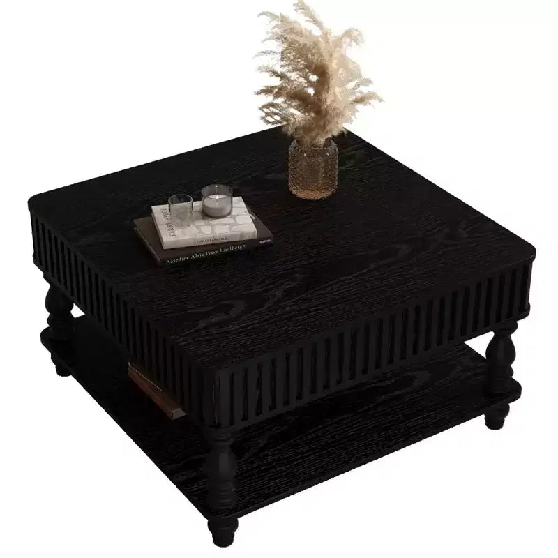 Okak Vintage Square 2-Tier Solid Wood Coffee Table with Dual Storage,Fluted Lift-Top Center Table for Living Room,Bedroom