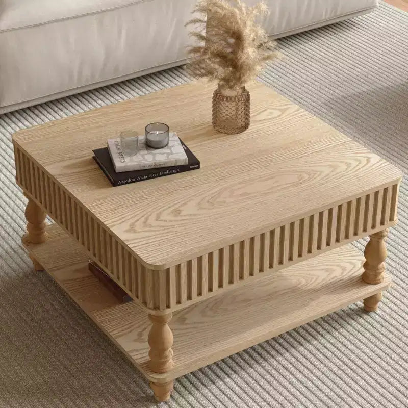 Okak Vintage Square 2-Tier Solid Wood Coffee Table with Dual Storage,Fluted Lift-Top Center Table for Living Room,Bedroom