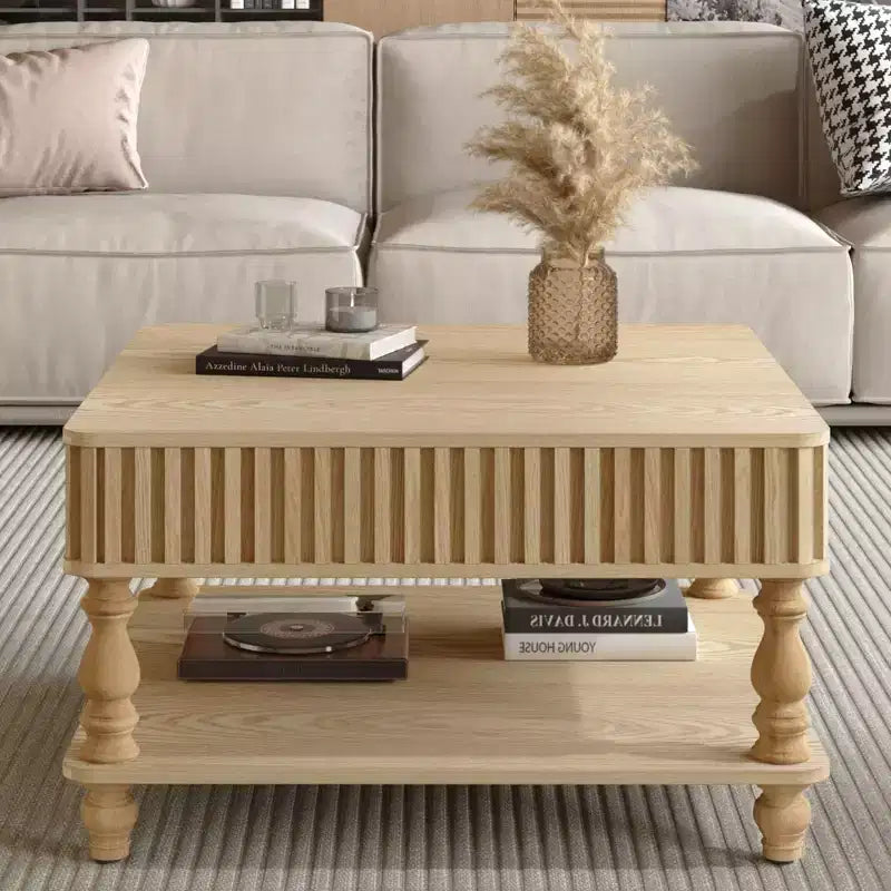 Okak Vintage Square 2-Tier Solid Wood Coffee Table with Dual Storage,Fluted Lift-Top Center Table for Living Room,Bedroom