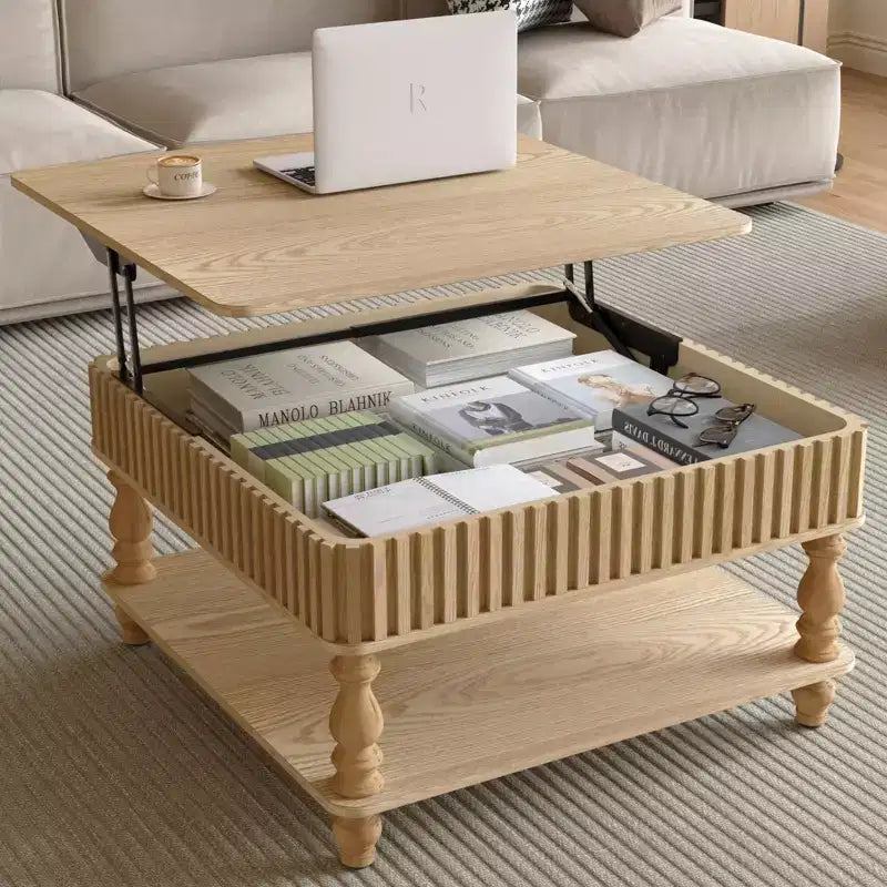 Okak Vintage Square 2-Tier Solid Wood Coffee Table with Dual Storage,Fluted Lift-Top Center Table for Living Room,Bedroom