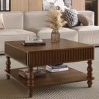 Okak Vintage Square 2-Tier Solid Wood Coffee Table with Dual Storage,Fluted Lift-Top Center Table for Living Room,Bedroom