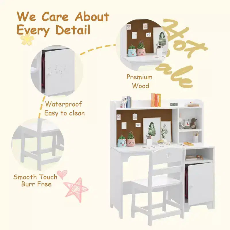 Kids Study Desk and Chair Set with Bookshelf & Storage Organizer