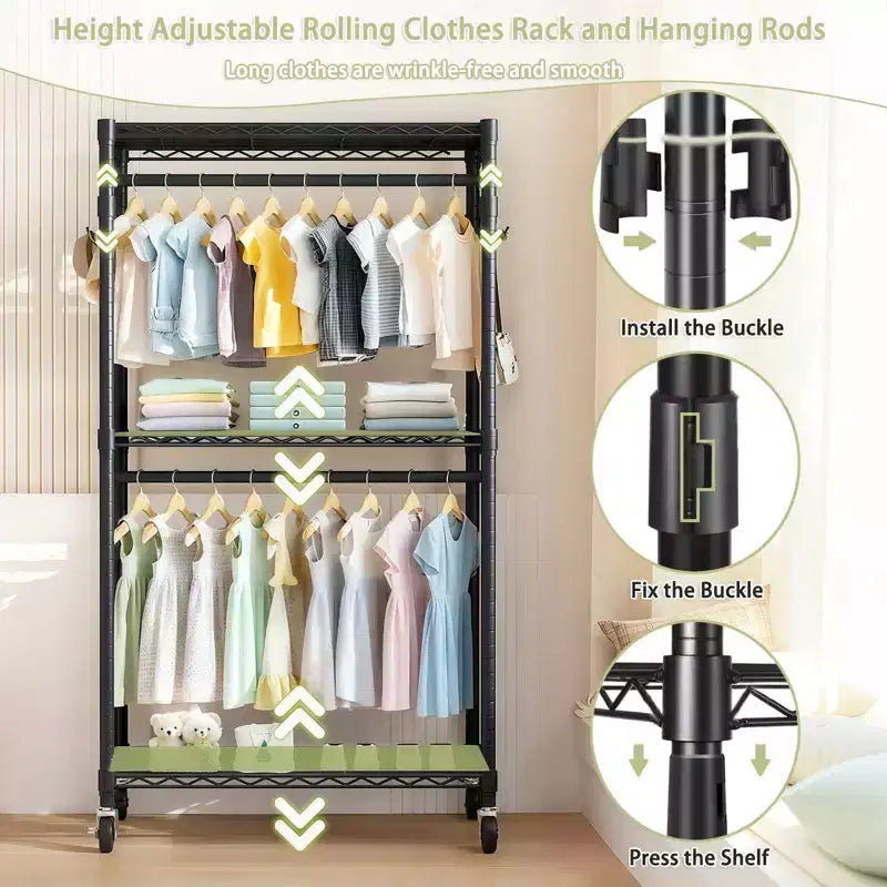 Okak Rolling Heavy Duty Coat Rack with 3 Tiers Adjustable Wire, Industrain Hall Tree with 2 Clothes Rails and Side Hooks for Bedroom, Black