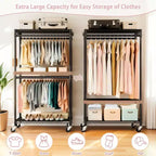 Okak Rolling Heavy Duty Coat Rack with 3 Tiers Adjustable Wire, Industrain Hall Tree with 2 Clothes Rails and Side Hooks for Bedroom, Black