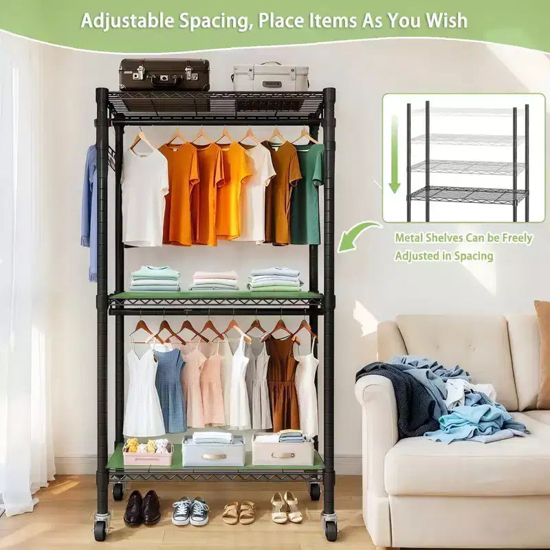 Okak Rolling Heavy Duty Coat Rack with 3 Tiers Adjustable Wire, Industrain Hall Tree with 2 Clothes Rails and Side Hooks for Bedroom, Black