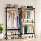 Okak Rolling Heavy Duty Coat Rack with 3 Tiers Adjustable Wire, Industrain Hall Tree with 2 Clothes Rails and Side Hooks for Bedroom, Black