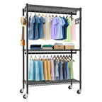 Okak Rolling Heavy Duty Coat Rack with 3 Tiers Adjustable Wire, Industrain Hall Tree with 2 Clothes Rails and Side Hooks for Bedroom, Black