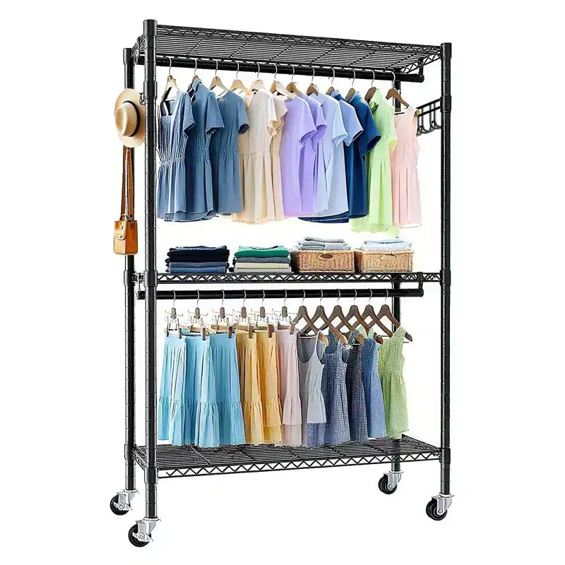 Okak Rolling Heavy Duty Coat Rack with 3 Tiers Adjustable Wire, Industrain Hall Tree with 2 Clothes Rails and Side Hooks for Bedroom, Black