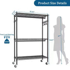 Okak Rolling Heavy Duty Coat Rack with 3 Tiers Adjustable Wire, Industrain Hall Tree with 2 Clothes Rails and Side Hooks for Bedroom, Black