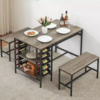 4-Person Dining Table Set with 2 Benches - 3-Piece Kitchen Table with Built-in Wine Rack & Storage for Small Spaces Apartment