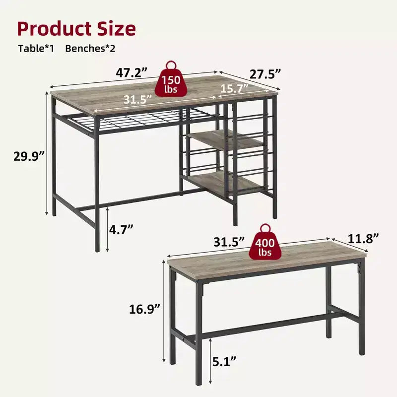 4-Person Dining Table Set with 2 Benches - 3-Piece Kitchen Table with Built-in Wine Rack & Storage for Small Spaces Apartment