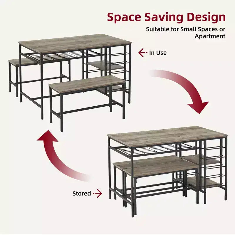 4-Person Dining Table Set with 2 Benches - 3-Piece Kitchen Table with Built-in Wine Rack & Storage for Small Spaces Apartment
