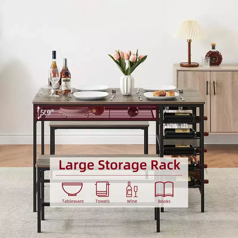 4-Person Dining Table Set with 2 Benches - 3-Piece Kitchen Table with Built-in Wine Rack & Storage for Small Spaces Apartment