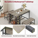 4-Person Dining Table Set with 2 Benches - 3-Piece Kitchen Table with Built-in Wine Rack & Storage for Small Spaces Apartment