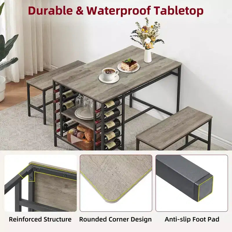 4-Person Dining Table Set with 2 Benches - 3-Piece Kitchen Table with Built-in Wine Rack & Storage for Small Spaces Apartment