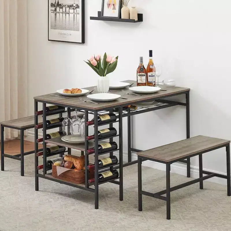 4-Person Dining Table Set with 2 Benches - 3-Piece Kitchen Table with Built-in Wine Rack & Storage for Small Spaces Apartment
