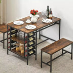 4-Person Dining Table Set with 2 Benches - 3-Piece Kitchen Table with Built-in Wine Rack & Storage for Small Spaces Apartment