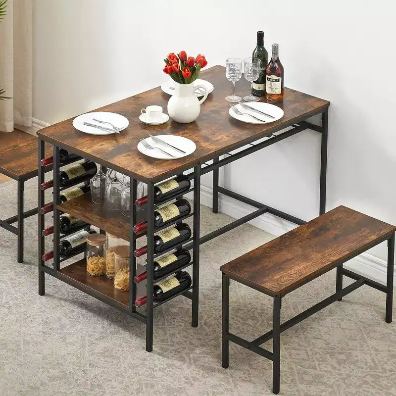 4-Person Dining Table Set with 2 Benches - 3-Piece Kitchen Table with Built-in Wine Rack & Storage for Small Spaces Apartment