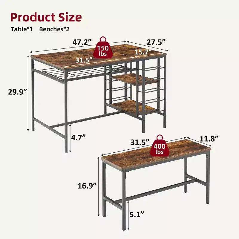 4-Person Dining Table Set with 2 Benches - 3-Piece Kitchen Table with Built-in Wine Rack & Storage for Small Spaces Apartment