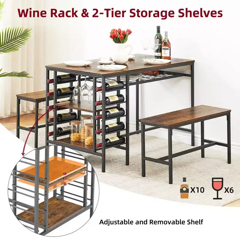 4-Person Dining Table Set with 2 Benches - 3-Piece Kitchen Table with Built-in Wine Rack & Storage for Small Spaces Apartment