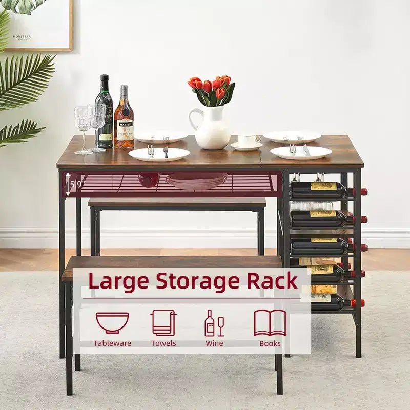 4-Person Dining Table Set with 2 Benches - 3-Piece Kitchen Table with Built-in Wine Rack & Storage for Small Spaces Apartment