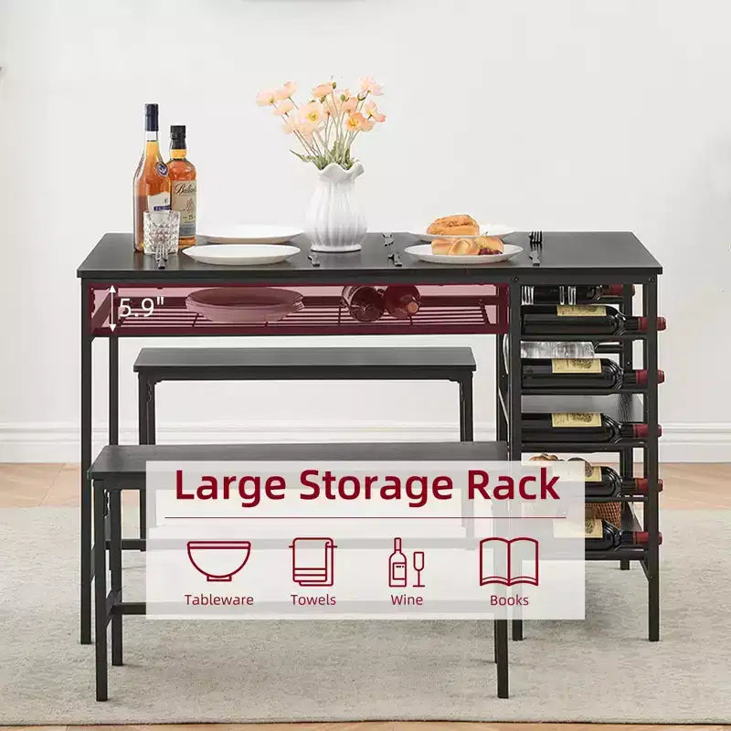4-Person Dining Table Set with 2 Benches - 3-Piece Kitchen Table with Built-in Wine Rack & Storage for Small Spaces Apartment