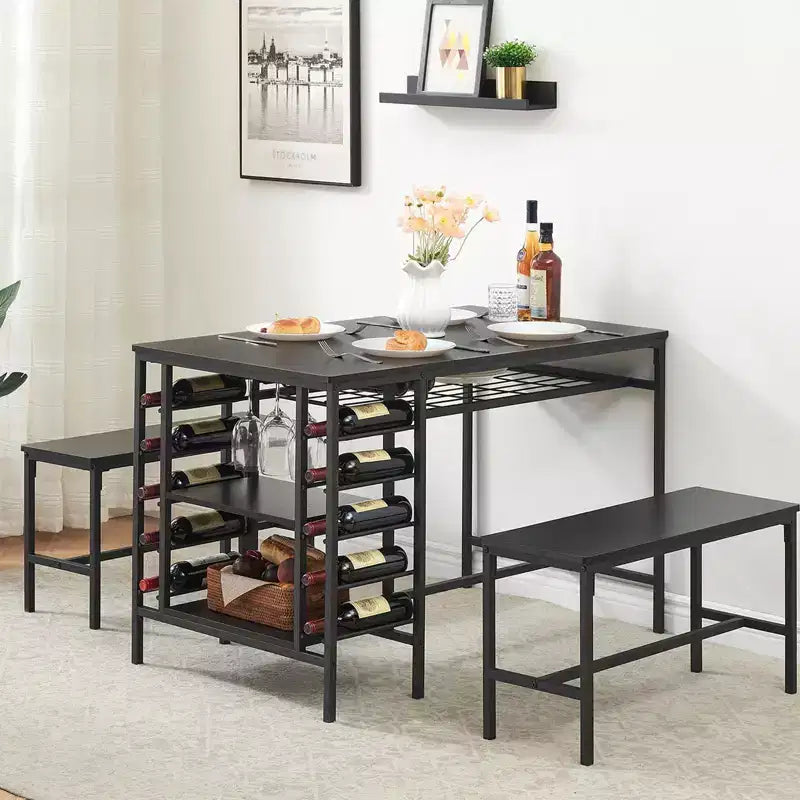 4-Person Dining Table Set with 2 Benches - 3-Piece Kitchen Table with Built-in Wine Rack & Storage for Small Spaces Apartment