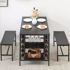 4-Person Dining Table Set with 2 Benches - 3-Piece Kitchen Table with Built-in Wine Rack & Storage for Small Spaces Apartment