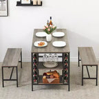 4-Person Dining Table Set with 2 Benches - 3-Piece Kitchen Table with Built-in Wine Rack & Storage for Small Spaces Apartment