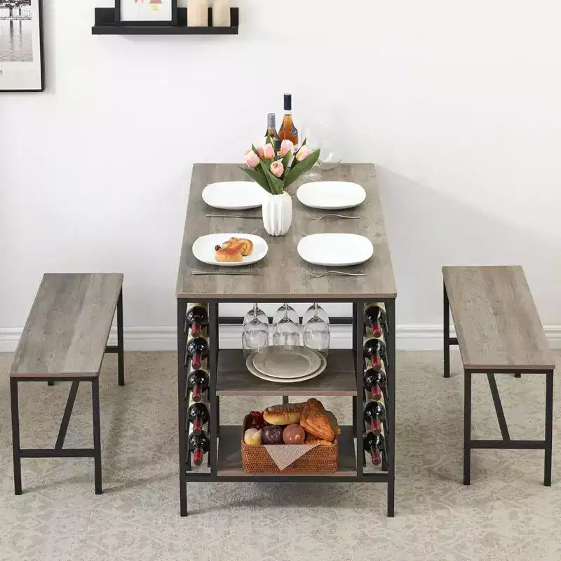 4-Person Dining Table Set with 2 Benches - 3-Piece Kitchen Table with Built-in Wine Rack & Storage for Small Spaces Apartment