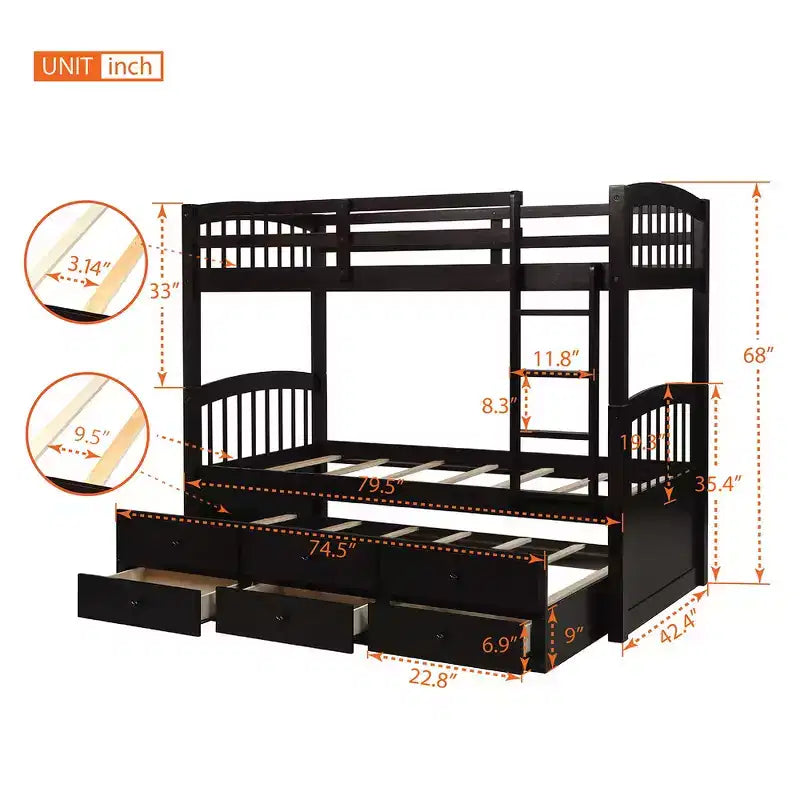 Lit superposé double Whisen avec lit gigogne, 3 tiroirs, échelle, rail de sécurité, utilisation pratique
