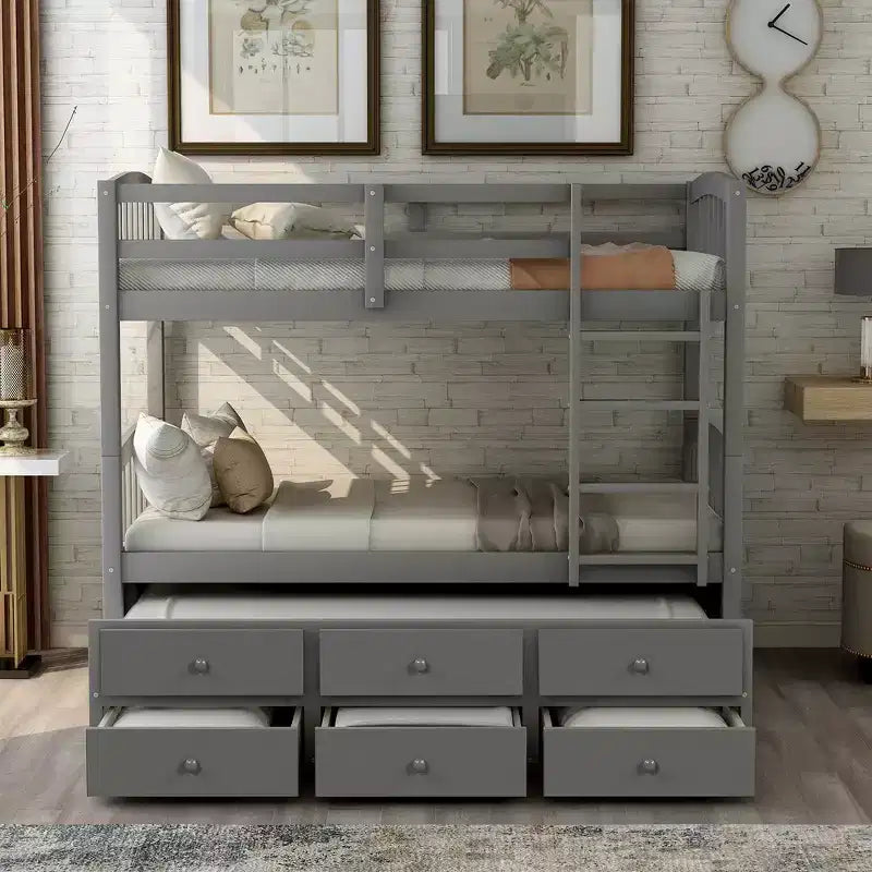 Lit superposé double Whisen avec lit gigogne, 3 tiroirs, échelle, rail de sécurité, utilisation pratique