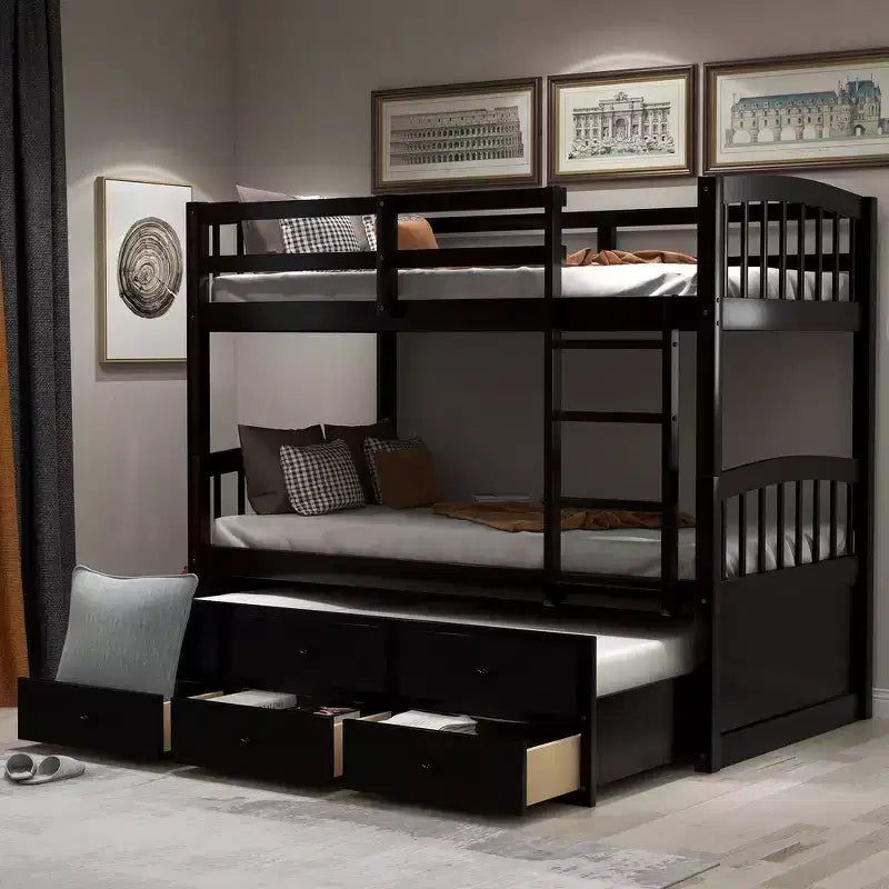 Whisen Twin Bunk Bed with Trundle Bed, 3 Drawers, Ladder, Safety Rail, Convenient Use