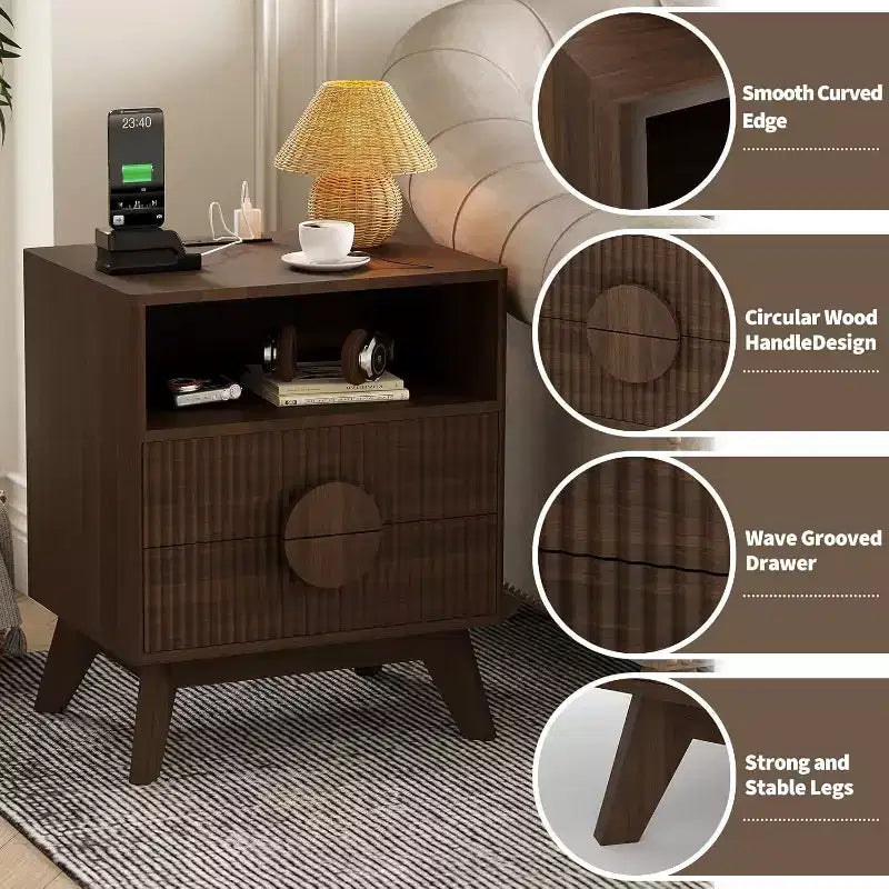 Table de Chevet Cannelée, Lot de 1, Table de Chevet en Bois avec 2 Tiroirs, Étagère Ouverte et Pieds, pour Chambre à Coucher, Salon, Gris