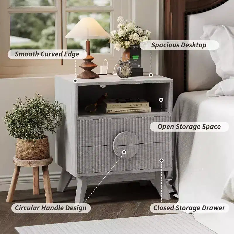 Table de Chevet Cannelée, Lot de 1, Table de Chevet en Bois avec 2 Tiroirs, Étagère Ouverte et Pieds, pour Chambre à Coucher, Salon, Gris