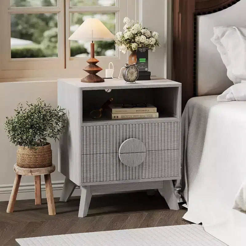 Table de Chevet Cannelée, Lot de 1, Table de Chevet en Bois avec 2 Tiroirs, Étagère Ouverte et Pieds, pour Chambre à Coucher, Salon, Gris