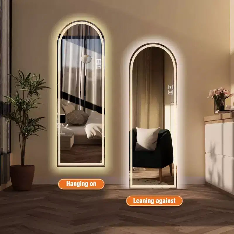 Miroir LED arqué pleine longueur 65 x 21 pouces, intensité variable, autoportant ou mural pour chambre, salon, dressing
