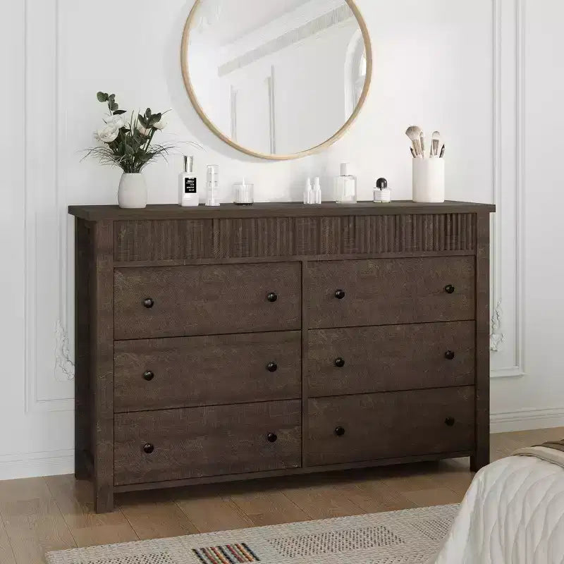Commode 7 tiroirs pour chambre, commode en bois, meuble TV cannelé, organisateur de rangement pour salon, couloir et entrée, Noyer