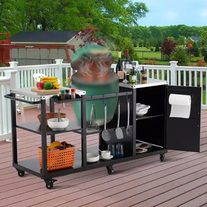Table de barbecue robuste GustoWave pour Big Green Egg Large, station de préparation extérieure avec rangement, plateau en acier inoxydable, roulettes verrouillables - Noir