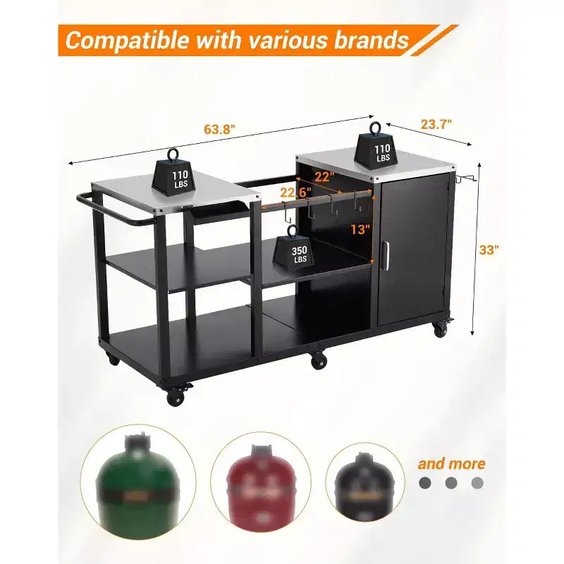 Table de barbecue robuste GustoWave pour Big Green Egg Large, station de préparation extérieure avec rangement, plateau en acier inoxydable, roulettes verrouillables - Noir